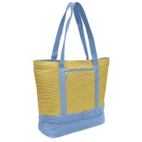 Straw Shopping Tote Bags – 12 PCS Paper Straw w/ Color Band Trim - Blue - BG-ST400BL